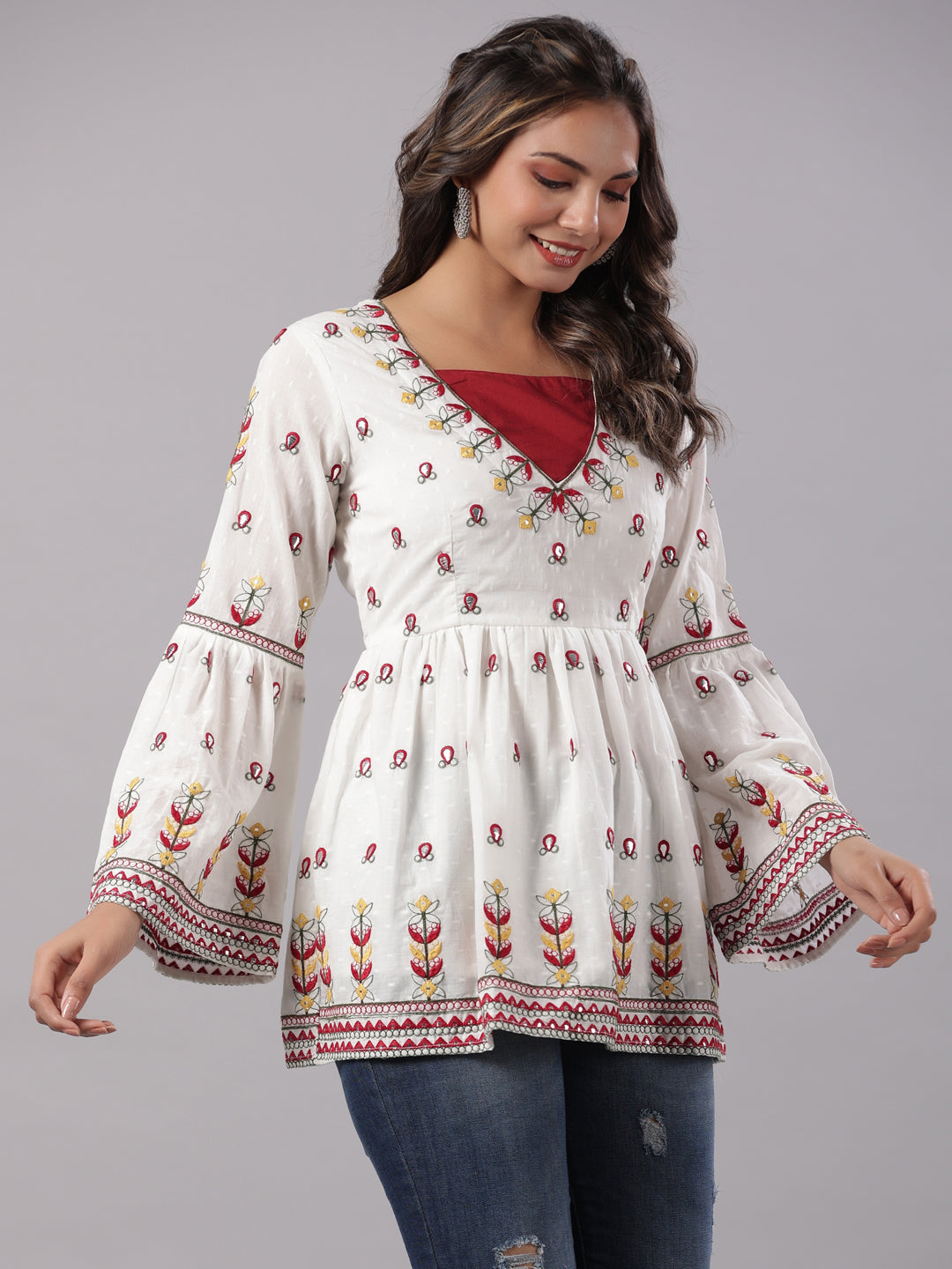 Juniper Multi-Color Cotton Dobby Peplum Tunic With Thread & Mirror Embroidery - Distacart