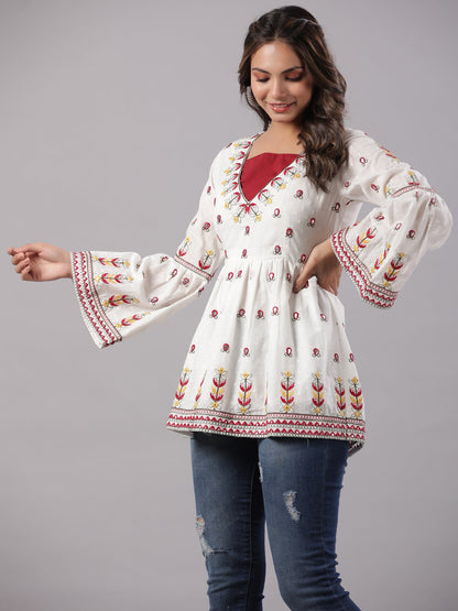 Juniper Multi-Color Cotton Dobby Peplum Tunic With Thread & Mirror Embroidery - Distacart