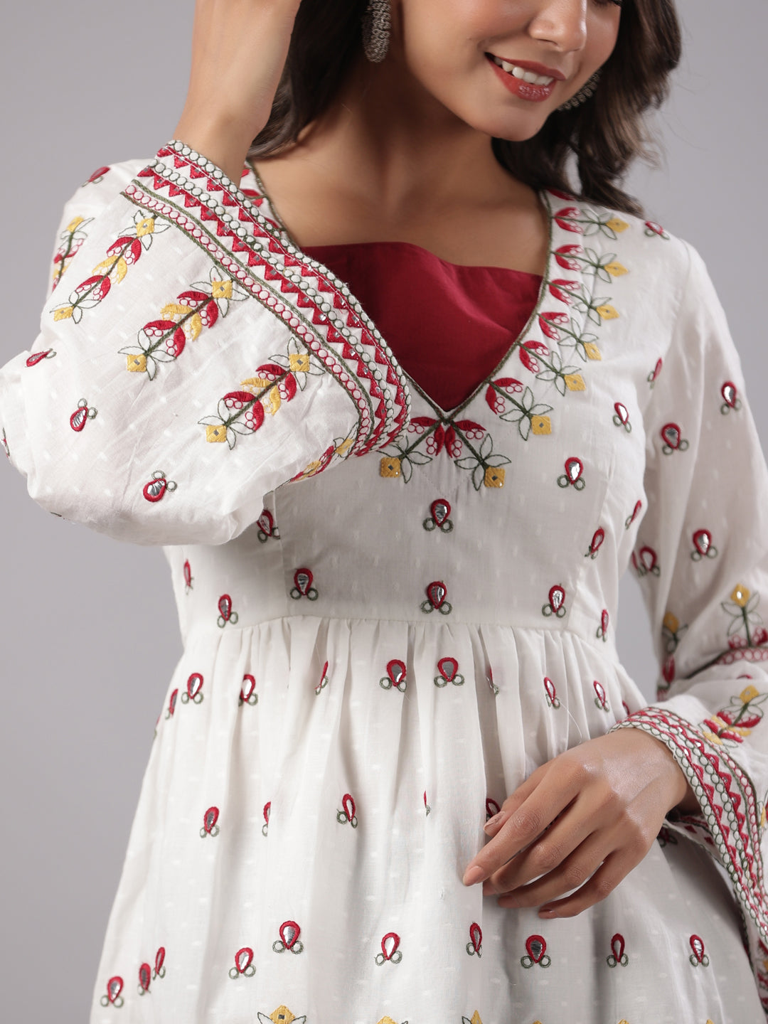 Juniper Multi-Color Cotton Dobby Peplum Tunic With Thread & Mirror Embroidery - Distacart