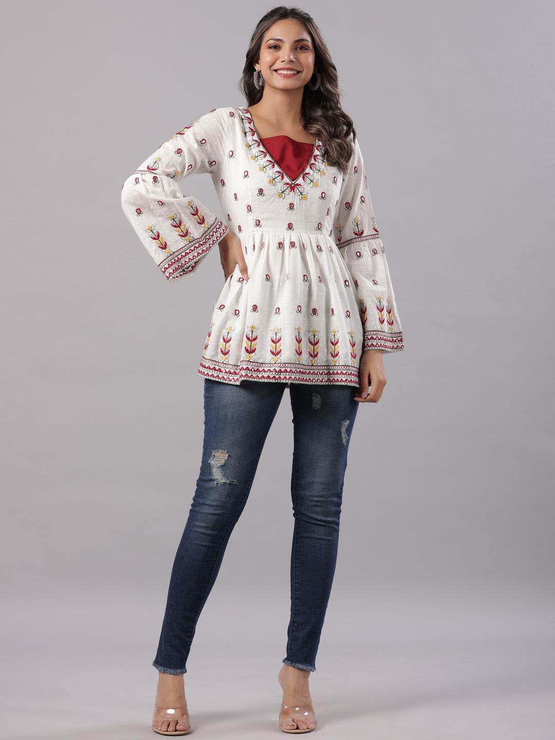 Juniper Multi-Color Cotton Dobby Peplum Tunic With Thread & Mirror Embroidery - Distacart