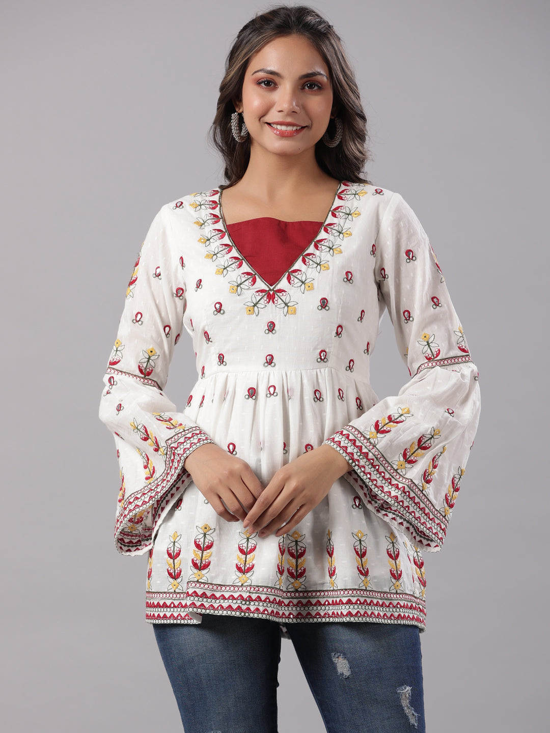 Juniper Multi-Color Cotton Dobby Peplum Tunic With Thread & Mirror Embroidery - Distacart