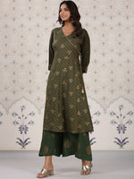 Thumbnail for Ode by House of Pataudi Olive Green & Gold Printed V Neck Angrakha Kurta With Palazzos