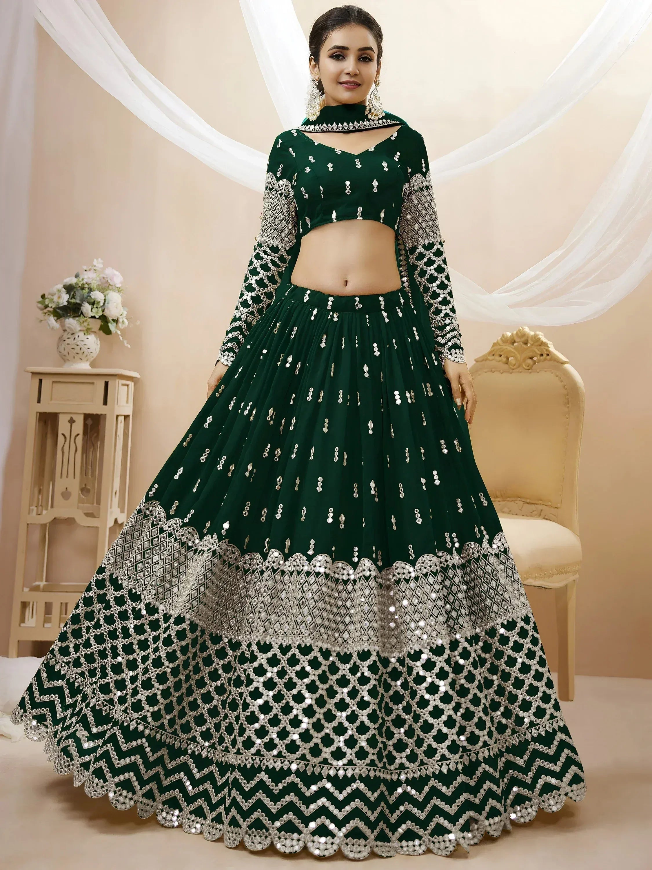 Tulsi Art Capricious Dark Green Sequins Work Georgette Lehenga Choli - Dista