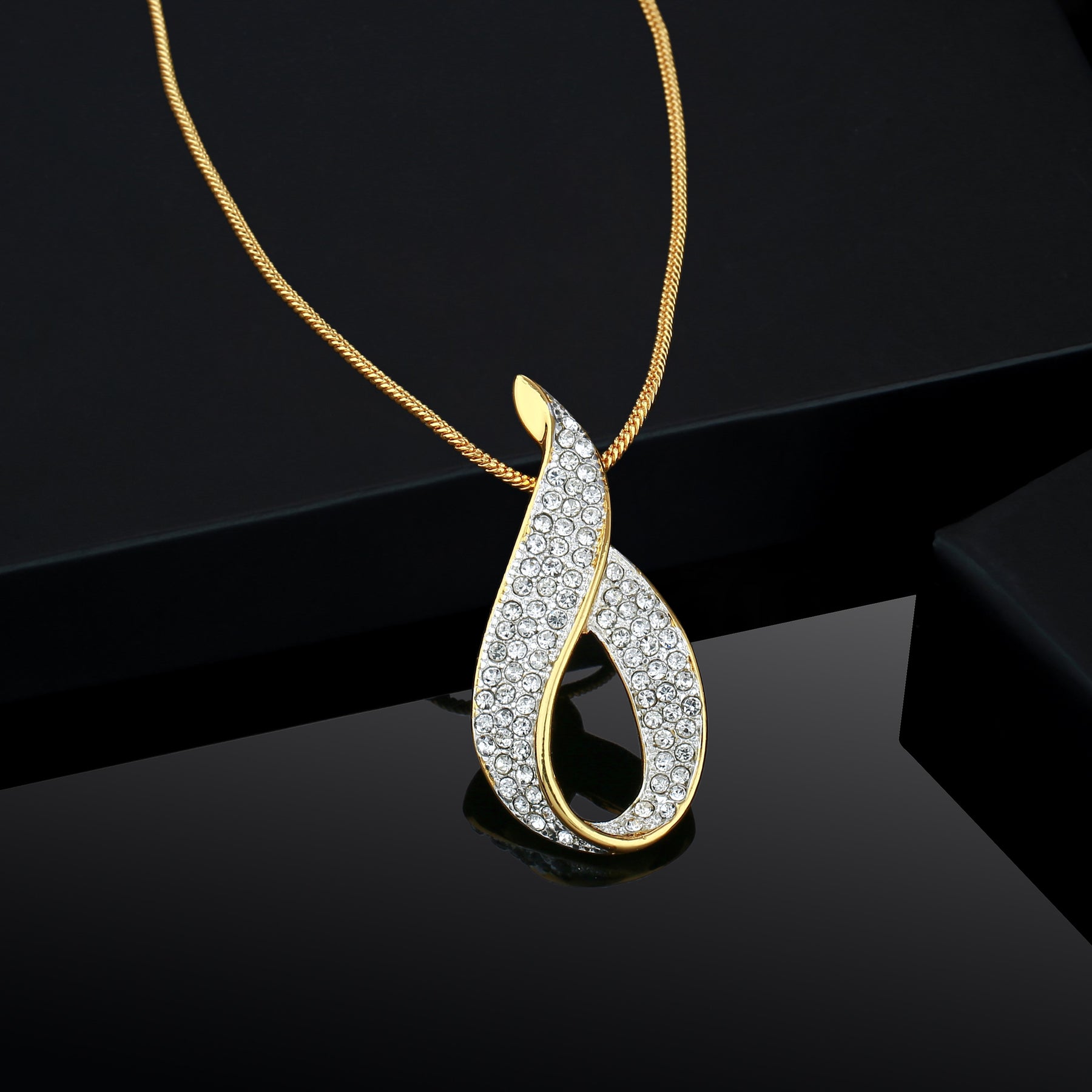 Estele Gold-Polished White Crystals Enhanced Oval Designer Charm Pendant Necklace with Chain for Women / Girls - Distacart