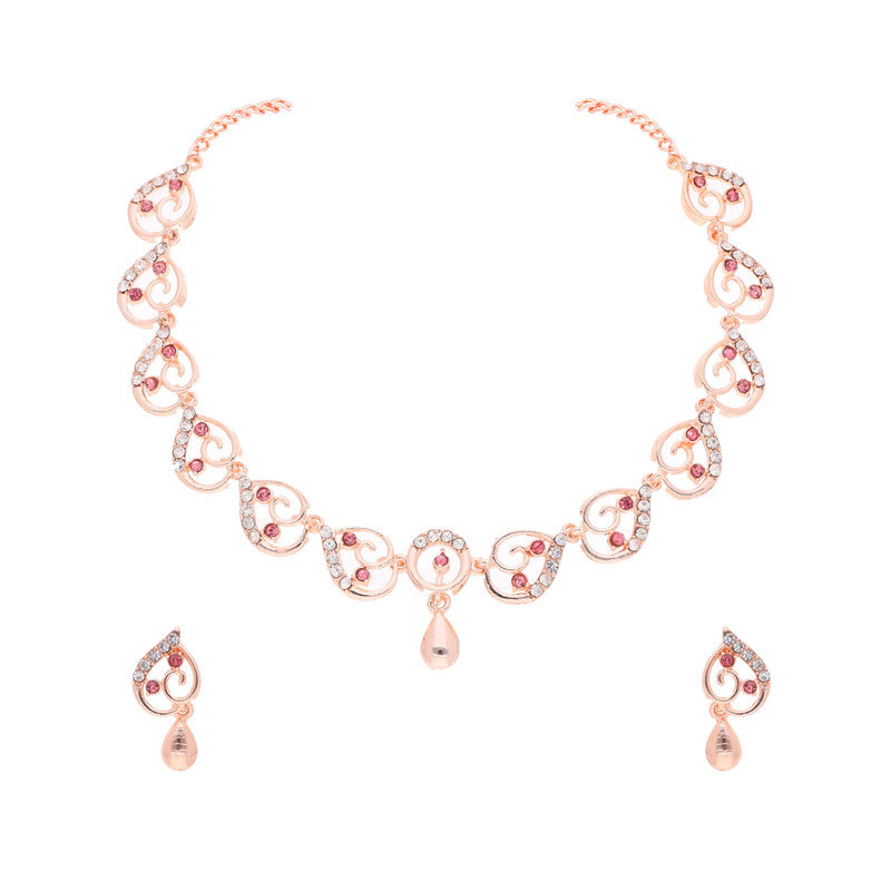 Tehzeeb Creations Brass Rose Gold-Polished Pink Colour Necklace With Earrings - Distacart