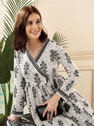 Anouk Ethnic Motifs Printed Angrakha Pure Cotton Kurta with Palazzos & With Dupatta - Distacart