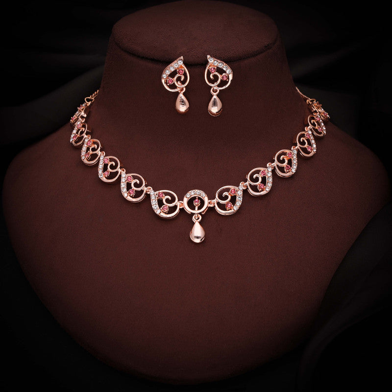 Tehzeeb Creations Brass Rose Gold-Polished Pink Colour Necklace With Earrings - Distacart
