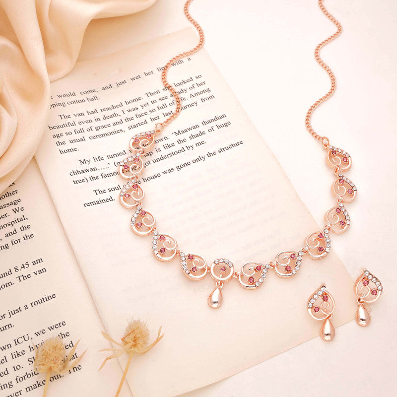 Tehzeeb Creations Brass Rose Gold-Polished Pink Colour Necklace With Earrings - Distacart