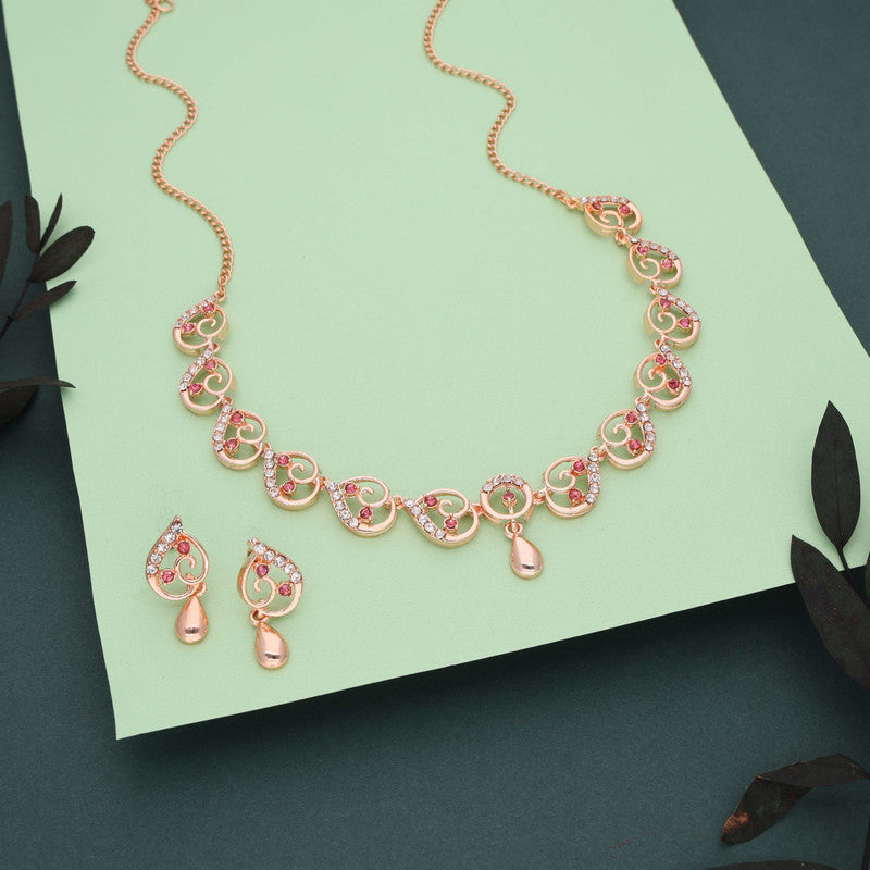 Tehzeeb Creations Brass Rose Gold-Polished Pink Colour Necklace With Earrings - Distacart
