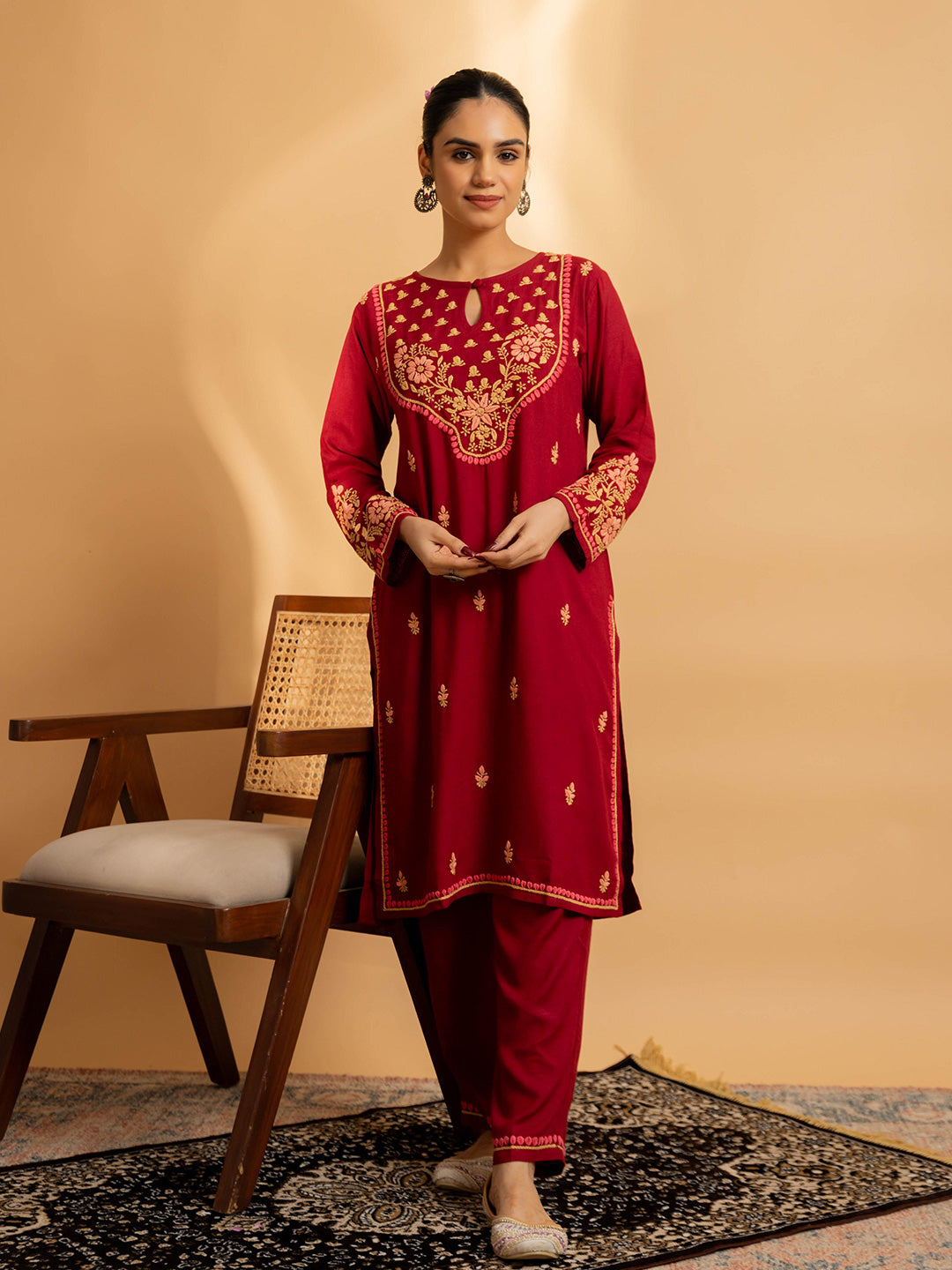 HOUSE OF KARI Floral Embroidered Chikankari Kurta With Palazzos - Distacart