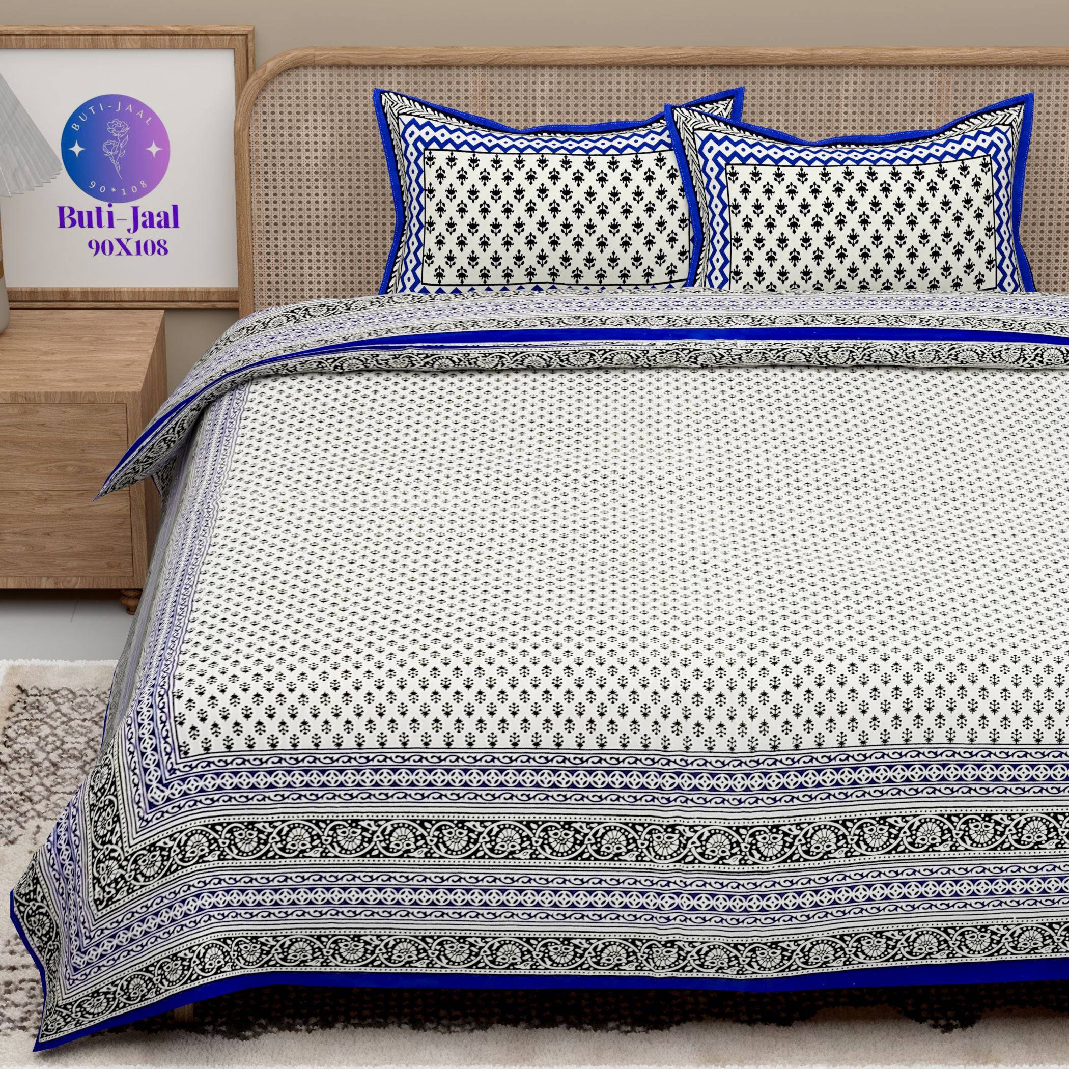 Blue Handblock Printed Cotton 200TC King Bedsheet With 2 Zipper Pillow Covers - King Size by House of Ree - Distacart