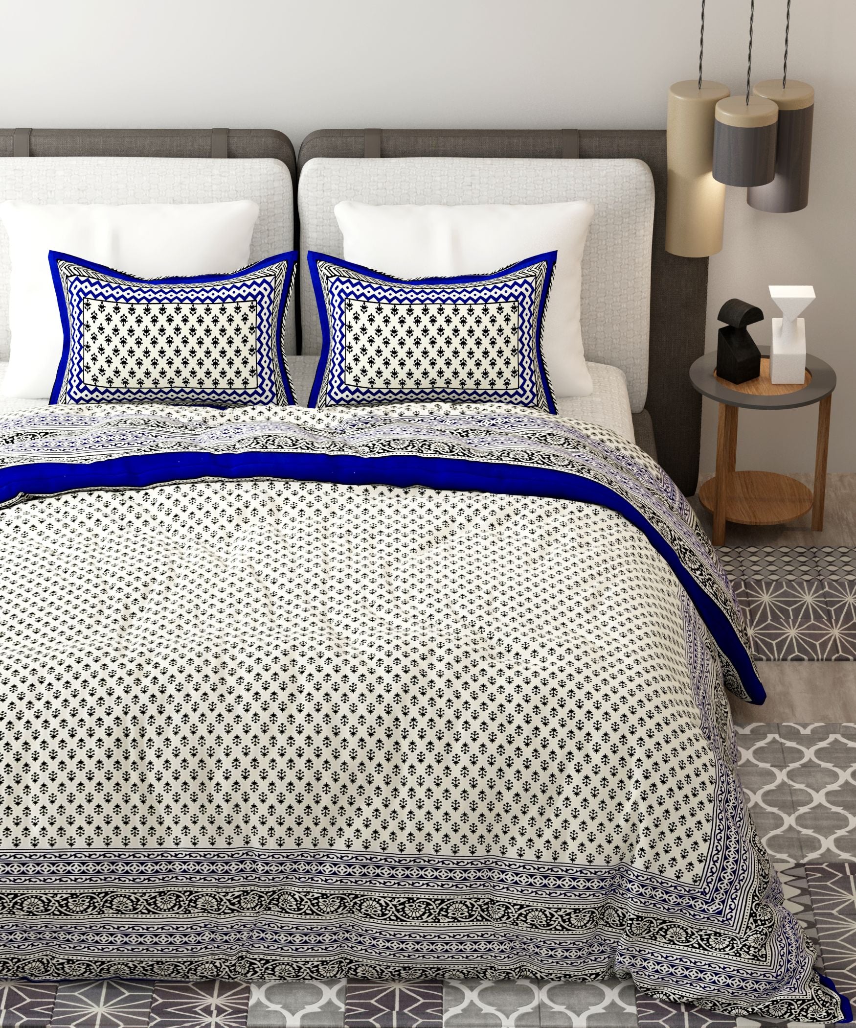 Blue Handblock Printed Cotton 200TC King Bedsheet With 2 Zipper Pillow Covers - King Size by House of Ree - Distacart