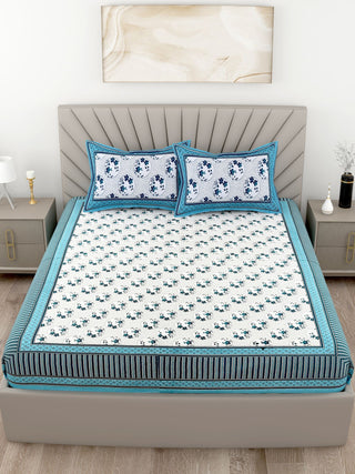 Blue Floral Printed Cotton 200TC King Bedsheet With 2 Zipper Pillow Covers - King Size by House of Ree - Distacart