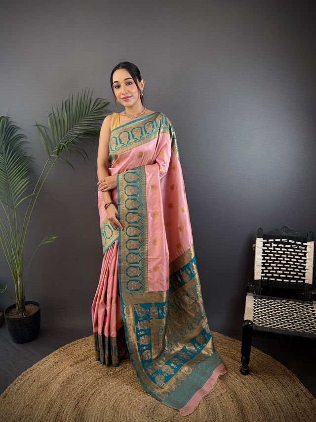 Elora Baby Pink Soft Silk Butti Zari Weaving Contrast Pallu Banarasi Saree - Dista