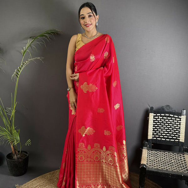 Joban Fashion Red Banarasi Lichi Silk Gold Zari Meena Saree - Distacart