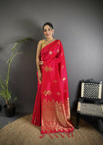 Thumbnail for Joban Fashion Red Banarasi Lichi Silk Gold Zari Meena Saree - Distacart