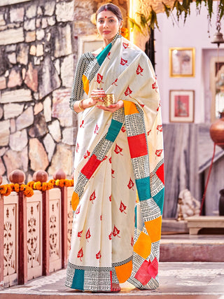 NOZ2TOZ Women's Bhagalpuri Silk Cream Printed Designer Saree With Blouse Piece - Distacart