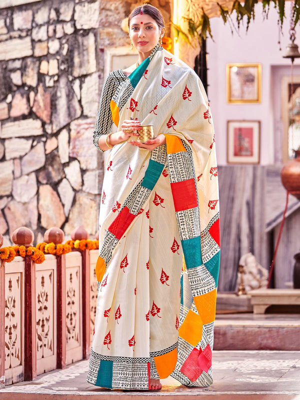 NOZ2TOZ Women's Bhagalpuri Silk Cream Printed Designer Saree With Blouse Piece - Distacart