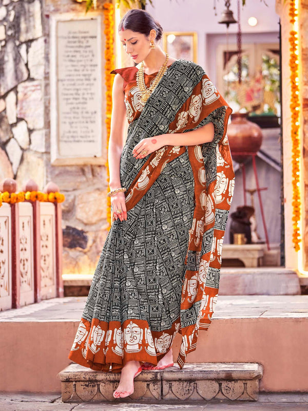 NOZ2TOZ Women's Bhagalpuri Silk Black Printed Designer Saree With Blouse Piece - Distacart