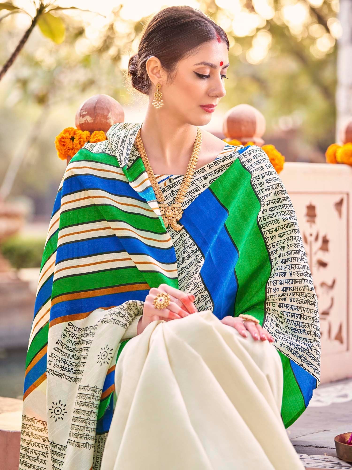 NOZ2TOZ Women's Bhagalpuri Silk Cream Printed Designer Saree With Blouse Piece - Distacart