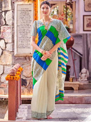 NOZ2TOZ Women's Bhagalpuri Silk Cream Printed Designer Saree With Blouse Piece - Distacart