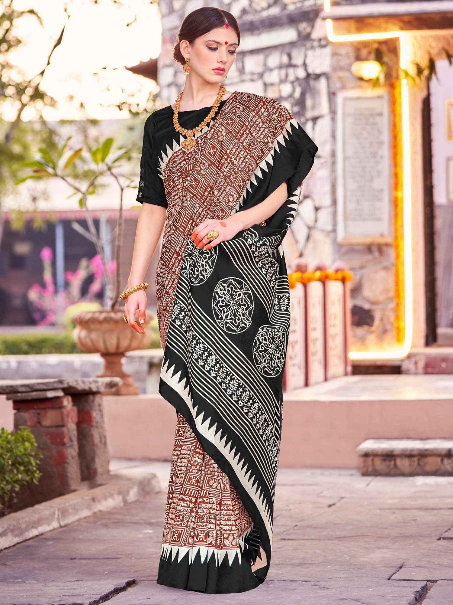 NOZ2TOZ Women's Bhagalpuri Silk Brown Printed Designer Saree With Blouse Piece - Distacart