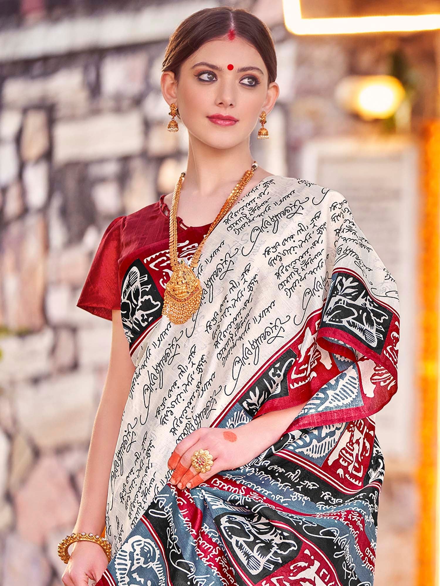 NOZ2TOZ Women's Bhagalpuri Silk Off White Printed Designer Saree With Blouse Piece - Distacart