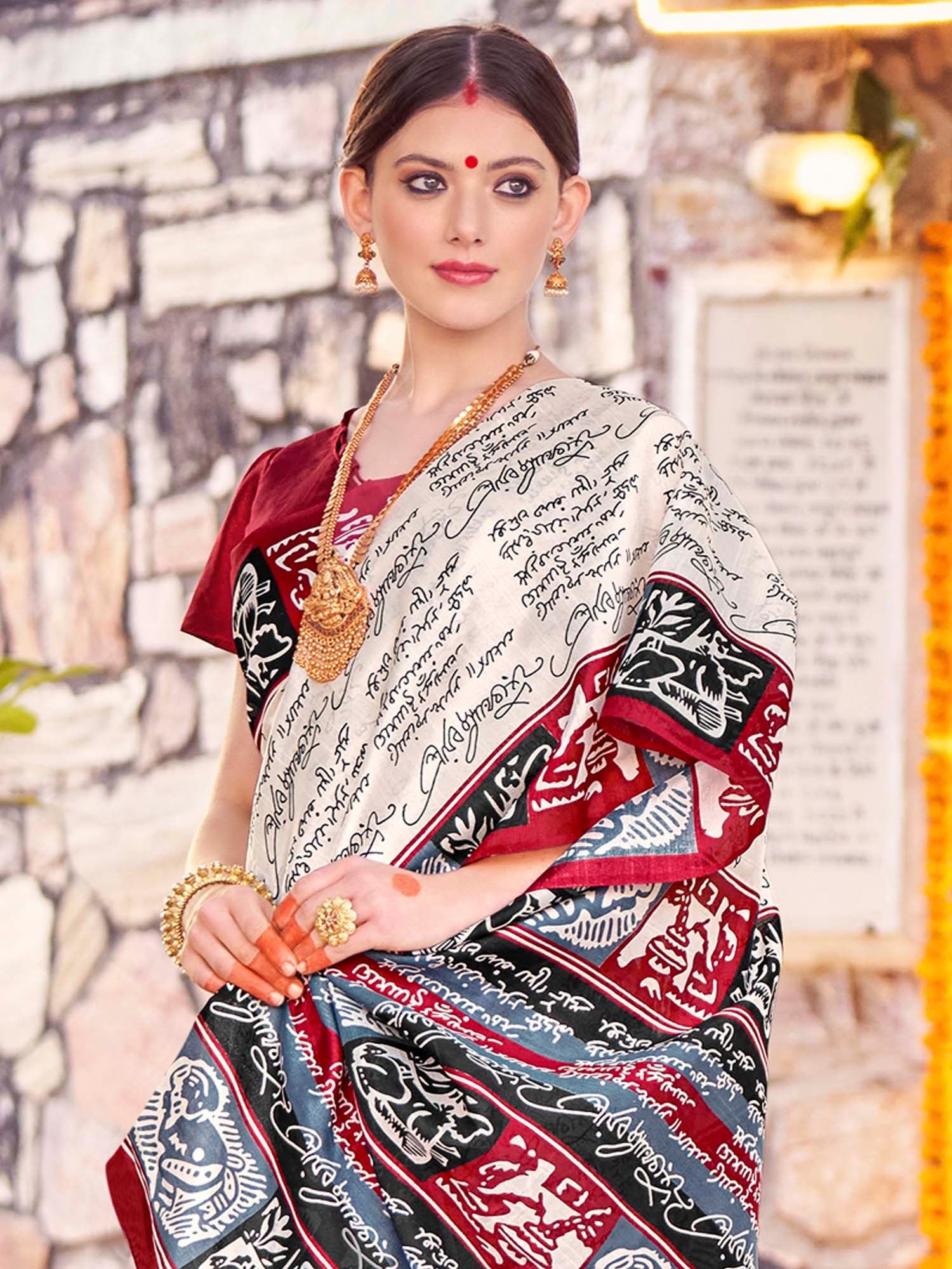 NOZ2TOZ Women's Bhagalpuri Silk Off White Printed Designer Saree With Blouse Piece - Distacart