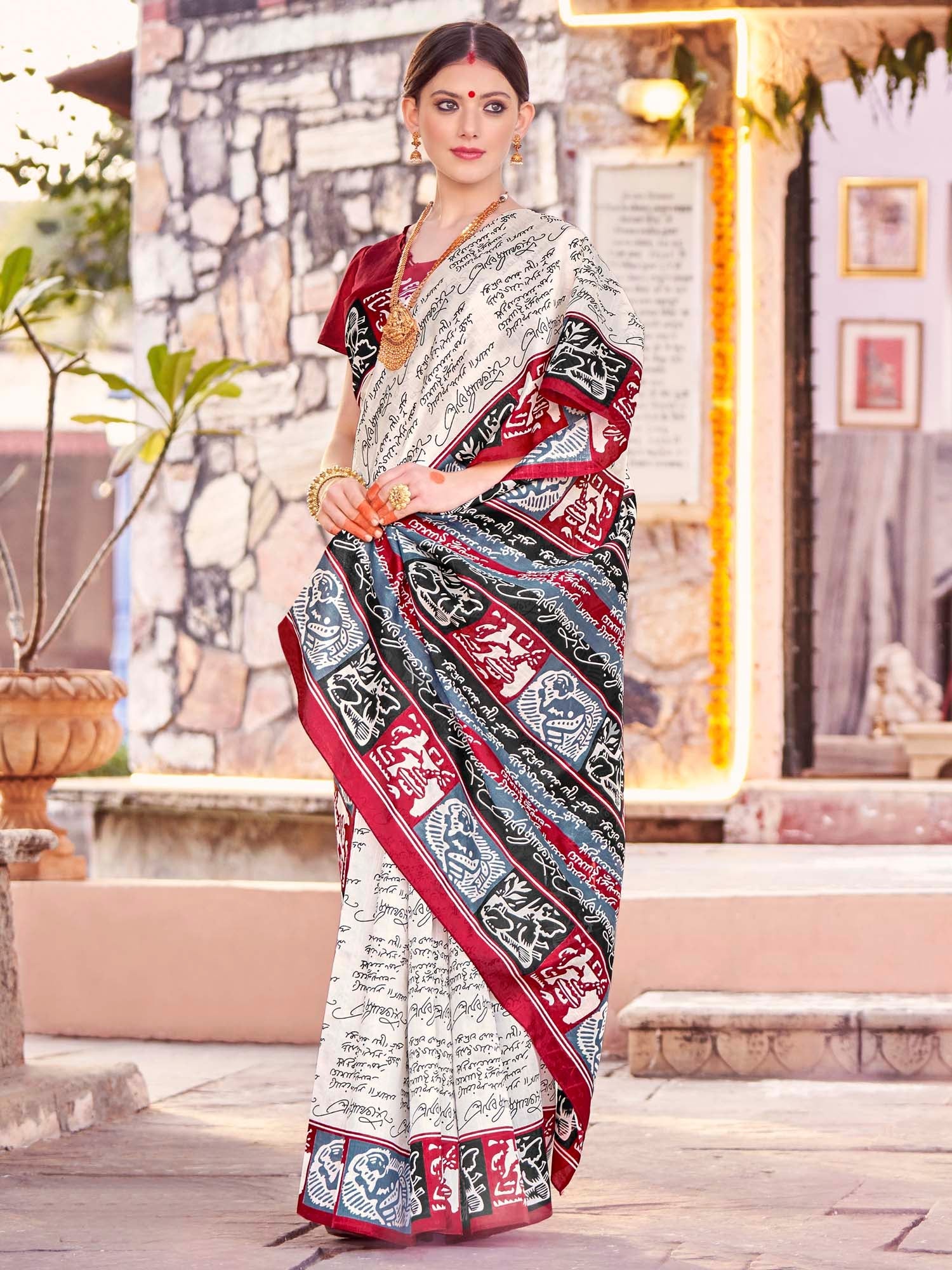 NOZ2TOZ Women's Bhagalpuri Silk Off White Printed Designer Saree With Blouse Piece - Distacart