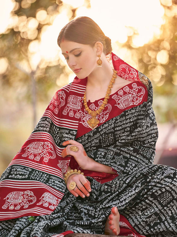 NOZ2TOZ Women's Bhagalpuri Silk Black Printed Designer Saree With Blouse Piece - Distacart