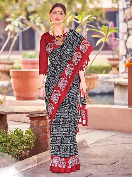 NOZ2TOZ Women's Bhagalpuri Silk Black Printed Designer Saree With Blouse Piece - Distacart