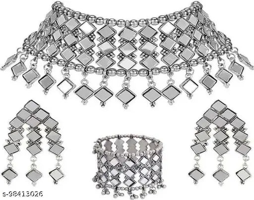 Tehzeeb Creations Women's Silver Colour Oxidised Necklace,Earrings And Bangle In Mirror Design - Distacart