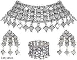 Thumbnail for Tehzeeb Creations Women's Silver Colour Oxidised Necklace,Earrings And Bangle In Mirror Design - Distacart