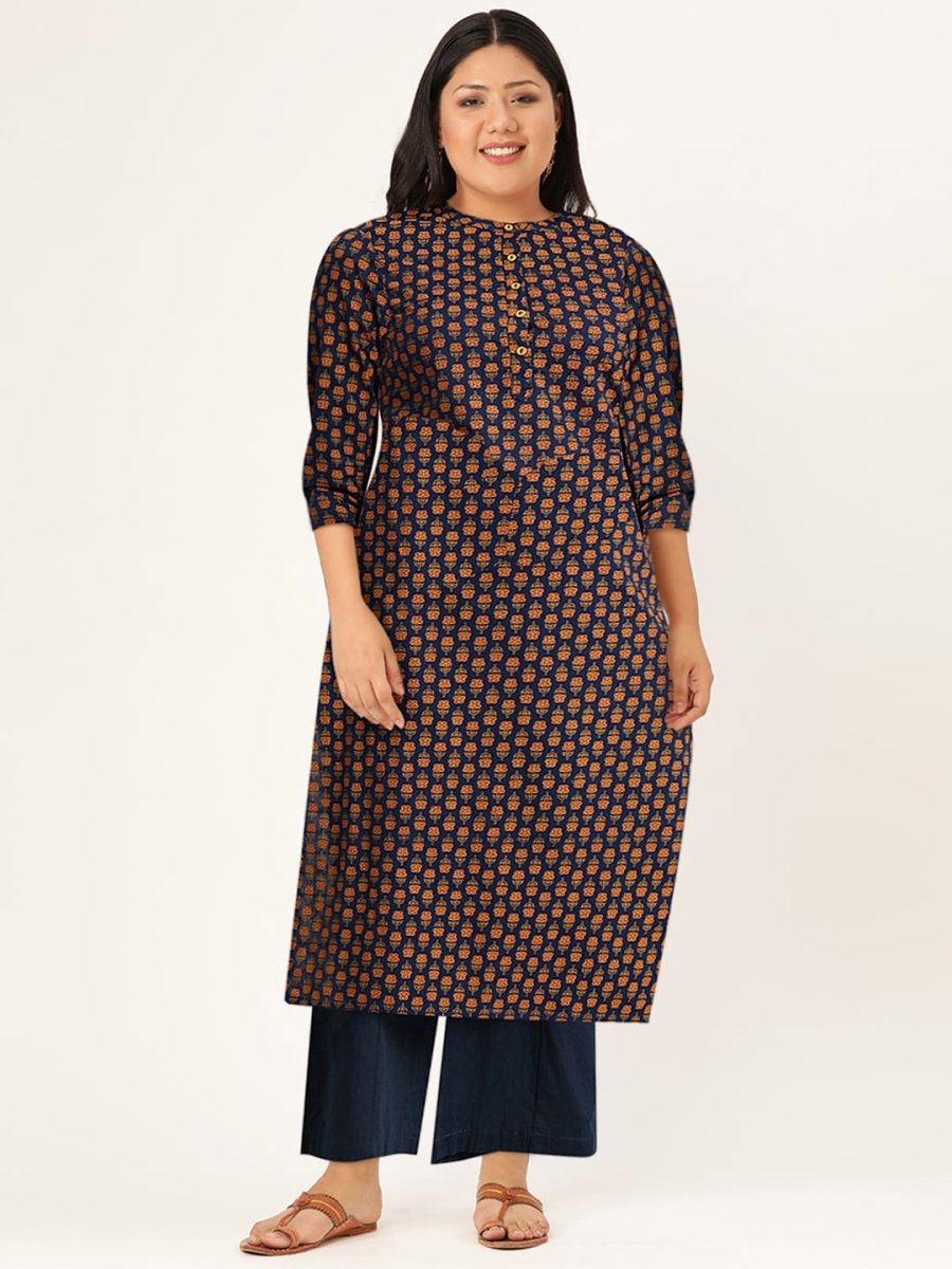 All About You Women Navy Blue & Gold-Toned Ethnic Motifs Printed Regular Kurta - Distacart