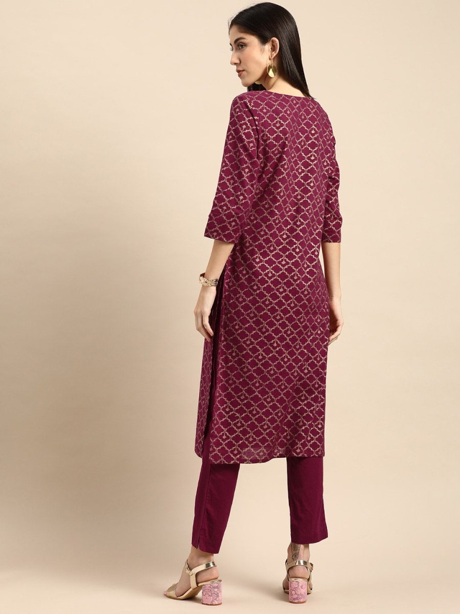 All About You Women Maroon Woven Design Pure Cotton Kurta with Trousers - Distacart