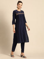 Thumbnail for All About You Women Navy Blue Floral Thread Work Kurta with Trousers & With Dupatta - Distacart