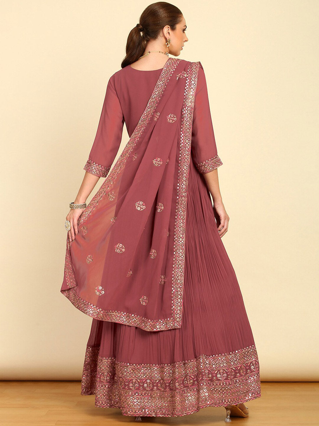 Soch Pink Embroidered Pleated A-Line Sequinned Georgette Kurta with Churidar & Dupatta - Distacart