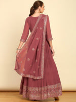 Thumbnail for Soch Pink Embroidered Pleated A-Line Sequinned Georgette Kurta with Churidar & Dupatta - Distacart