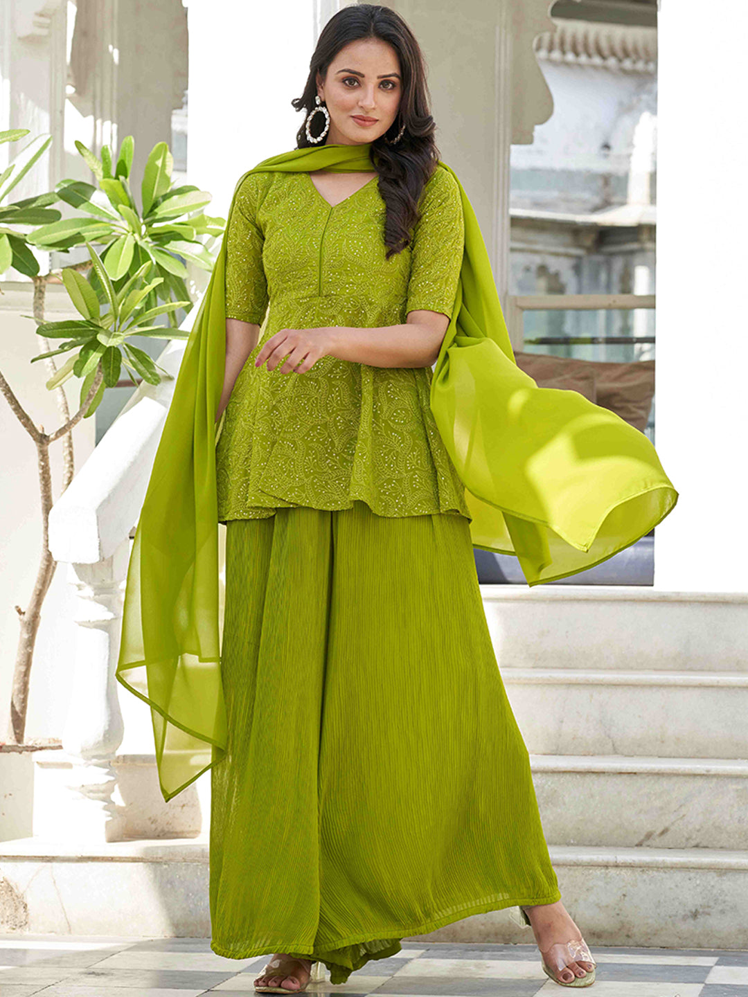 Kalini Floral Embroidered Regular Kurti with Palazzos & With Dupatta - Distacart