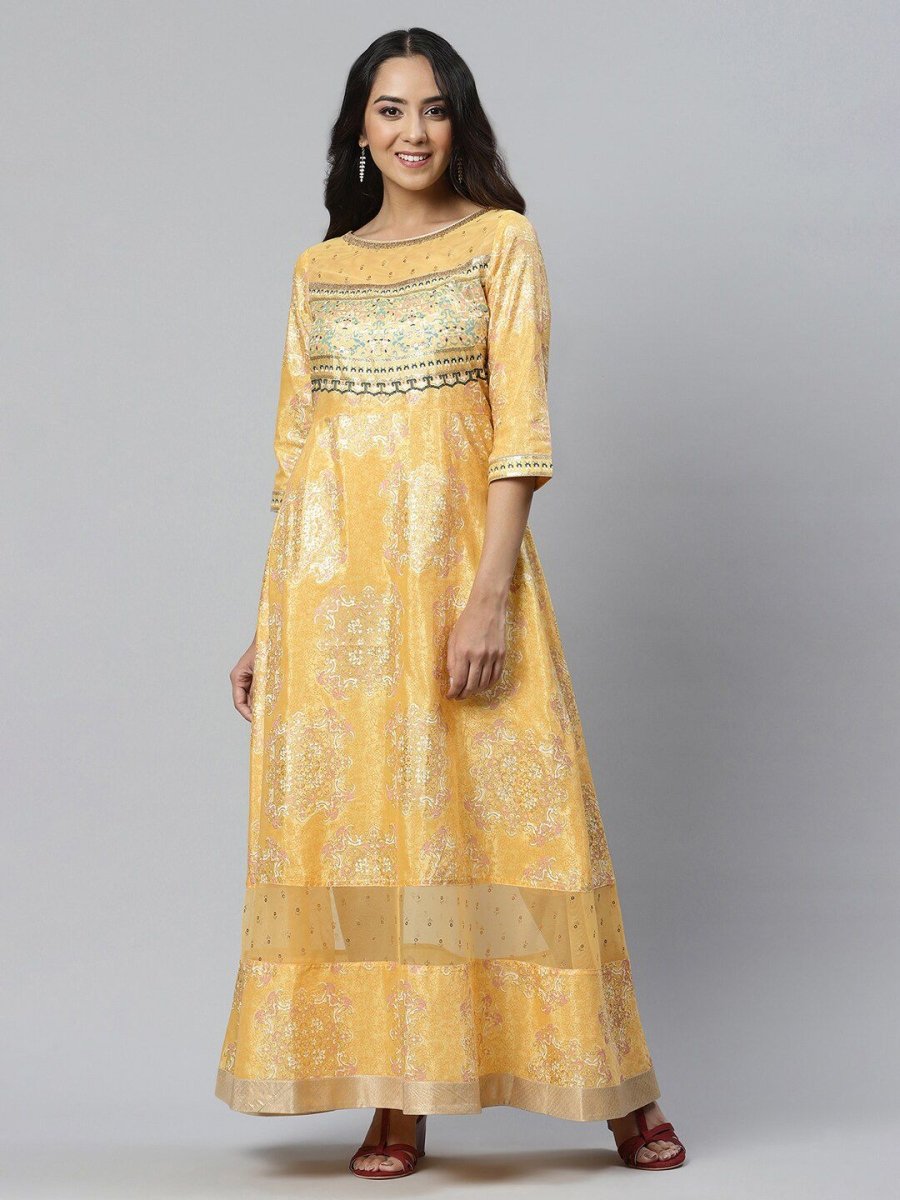 AURELIA Yellow Ethnic Motifs Satin Maxi Dress - Distacart