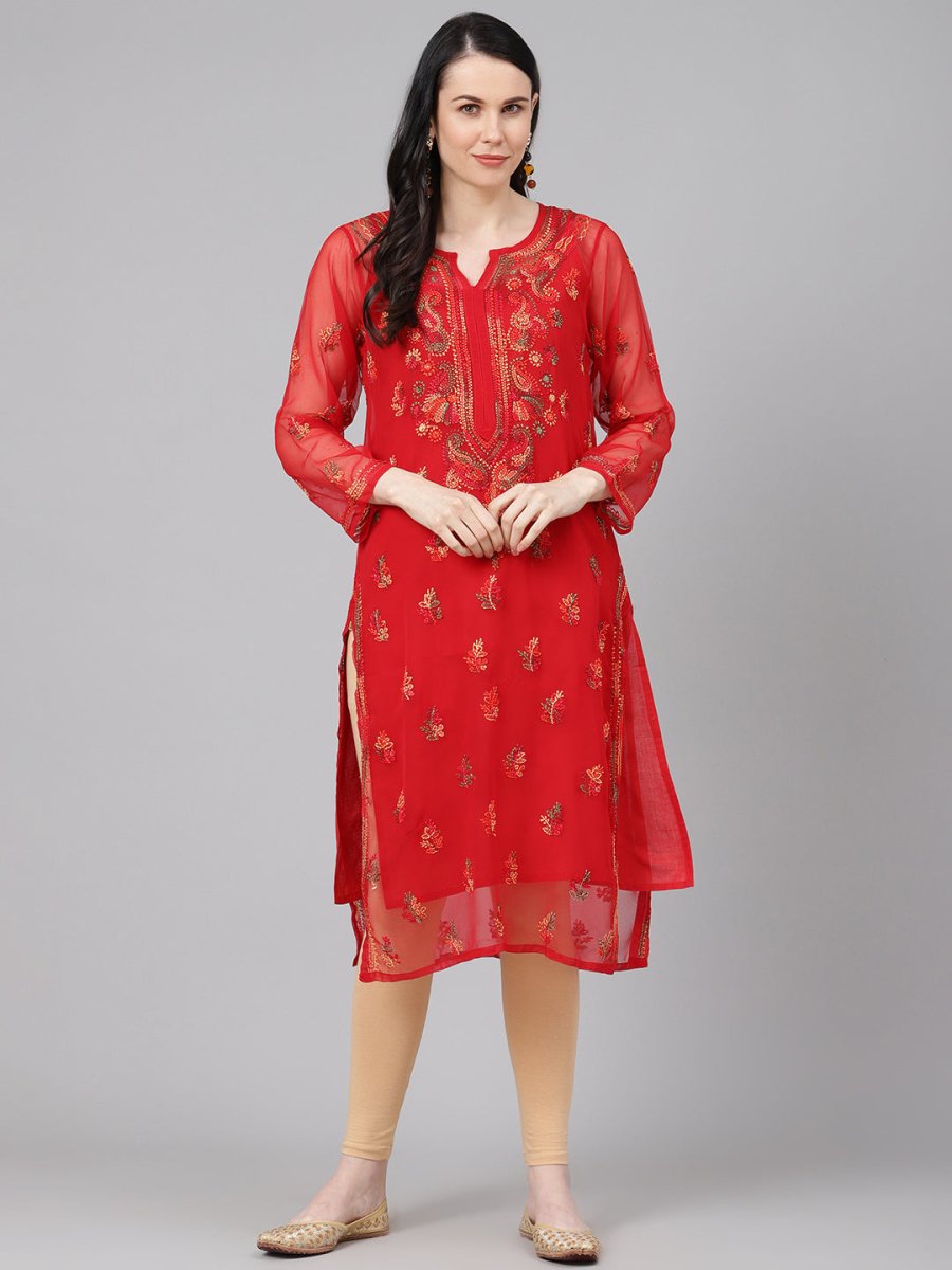 ADA Women Red & Yellow Sheer Chikankari Embroidered Straight Sustainable Handloom Kurta with Inner - Distacart