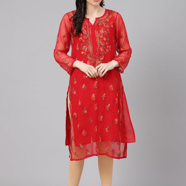 ADA Women Red & Yellow Sheer Chikankari Embroidered Straight Sustainable Handloom Kurta with Inner - Distacart