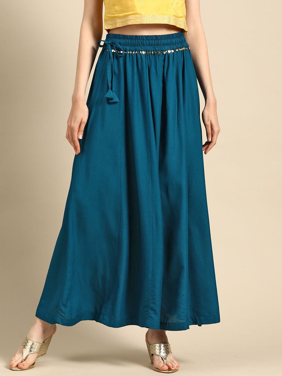 TAG 7 Women Teal Blue Solid Flared Palazzos - Distacart