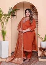 Thumbnail for Miravan Women's Plus Size Orange Embroidered Straight Kurta with Palazzo and Dupatta set - Distacart