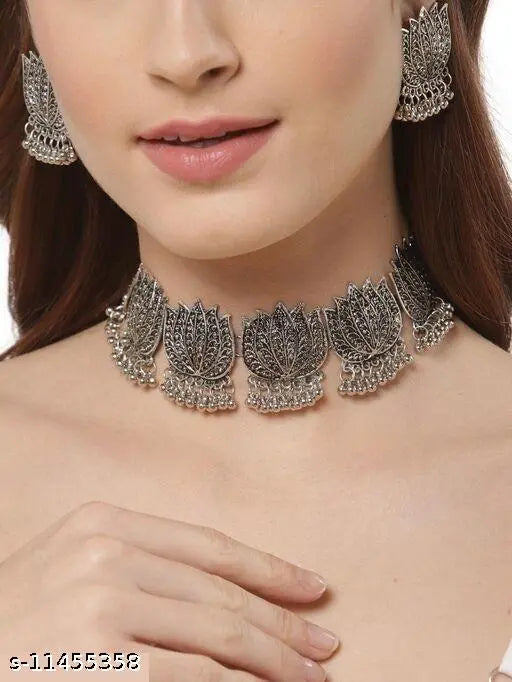 Tehzeeb Creations Women's Silver Colour Oxidised Lotus Design Necklace Set - Distacart