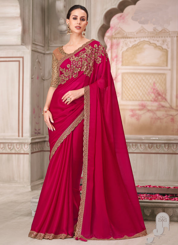 Vegaa Fashion Red Beige Sequence Embroidered Traditional Wedding Saree Party Wear Saree