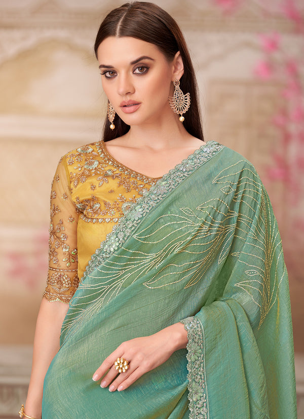 Vegaa Fashion Green Yellow Embroidered Traditional Wedding Saree