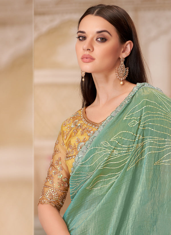 Vegaa Fashion Green Yellow Embroidered Traditional Wedding Saree