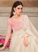 Thumbnail for Vegaa Fashion Ivory Pink Embroidered Traditional Wedding Saree