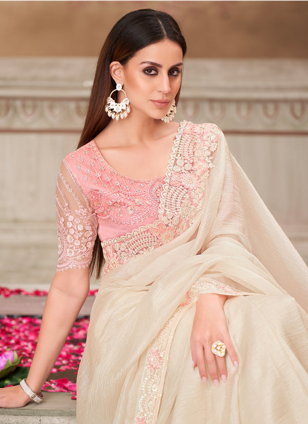 Vegaa Fashion Ivory Pink Embroidered Traditional Wedding Saree